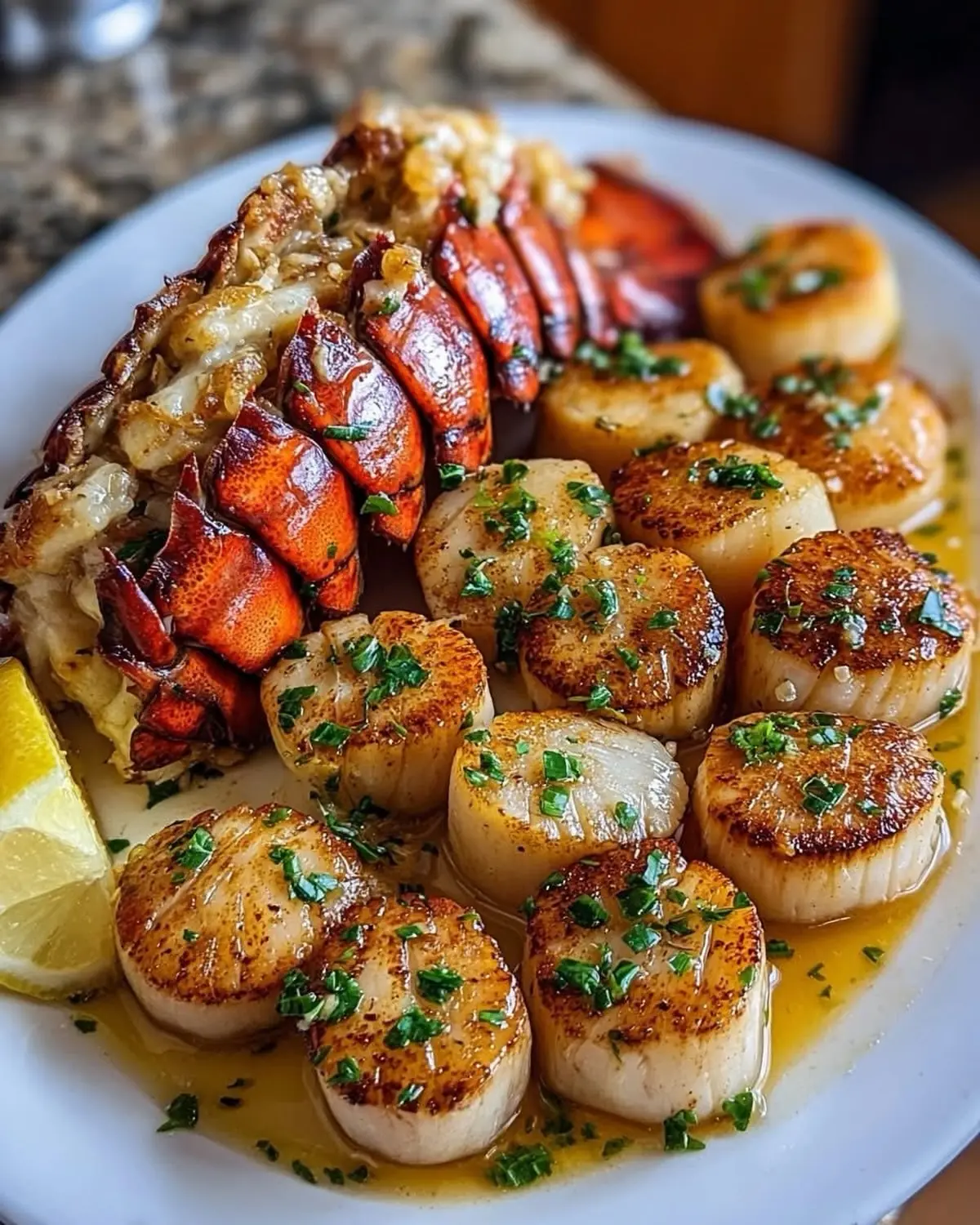 Garlic Butter Lobster & Scallops – Shattered-Char Crust with a High-Gloss Amber Mirror