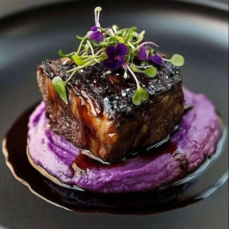 🥩 Pan-Seared Beef with Red Wine Sauce & Purple Sweet Potato Purée (Fine Dining Style)