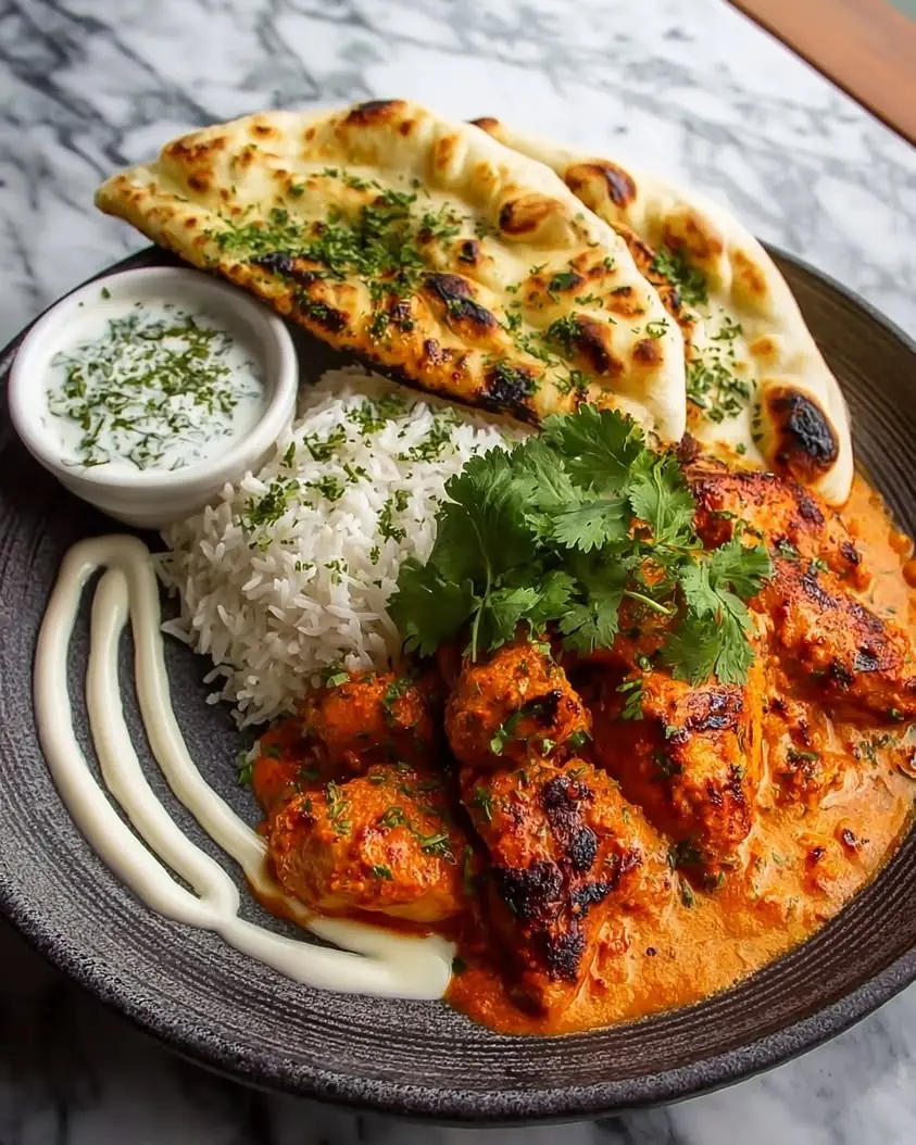 Butter Chicken & Garlic Naan – Shattered-Char Chicken with a High-Gloss Amber Mirror