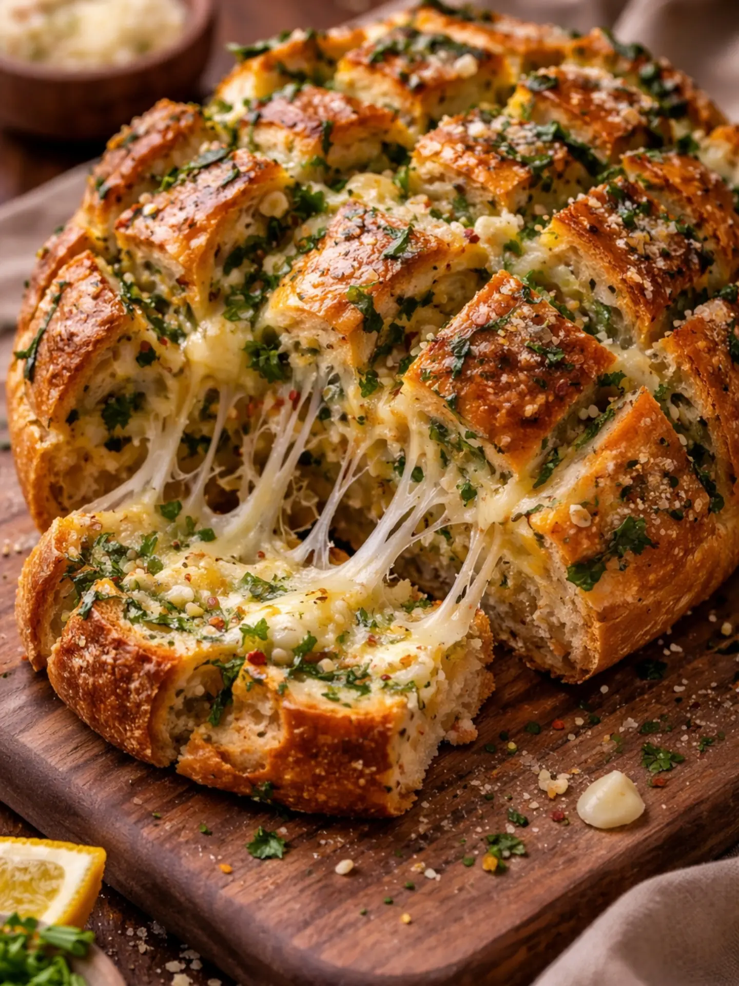 Cheesy Garlic Pull-Apart – Shattered-Gold Crust with a High-Gloss Amber Mirror