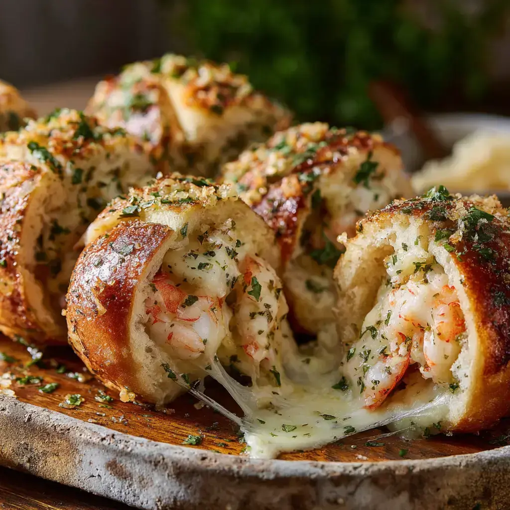 Crabby Shrimp Garlic Bombs – Shattered-Gold Crust with a High-Gloss Amber Mirror