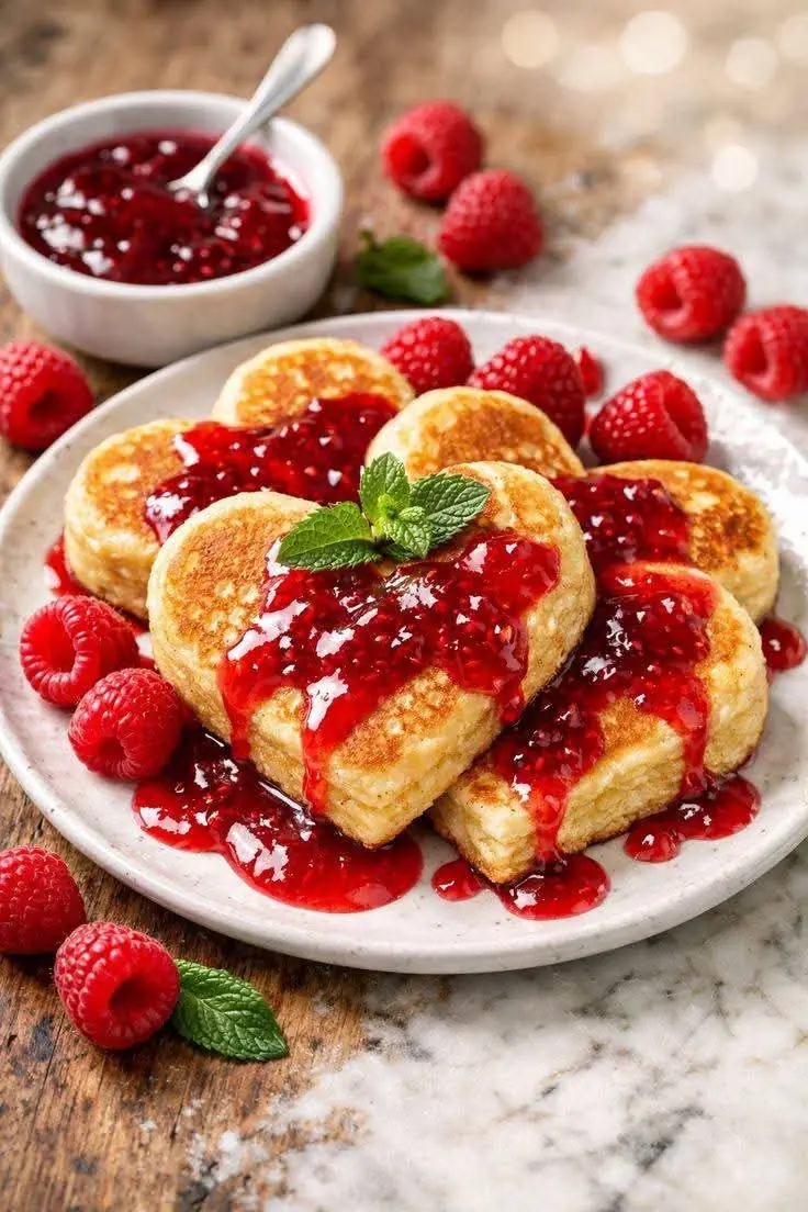 Fluffy Heart Pancakes with Raspberry Sauce (Soft, Light & Irresistible)