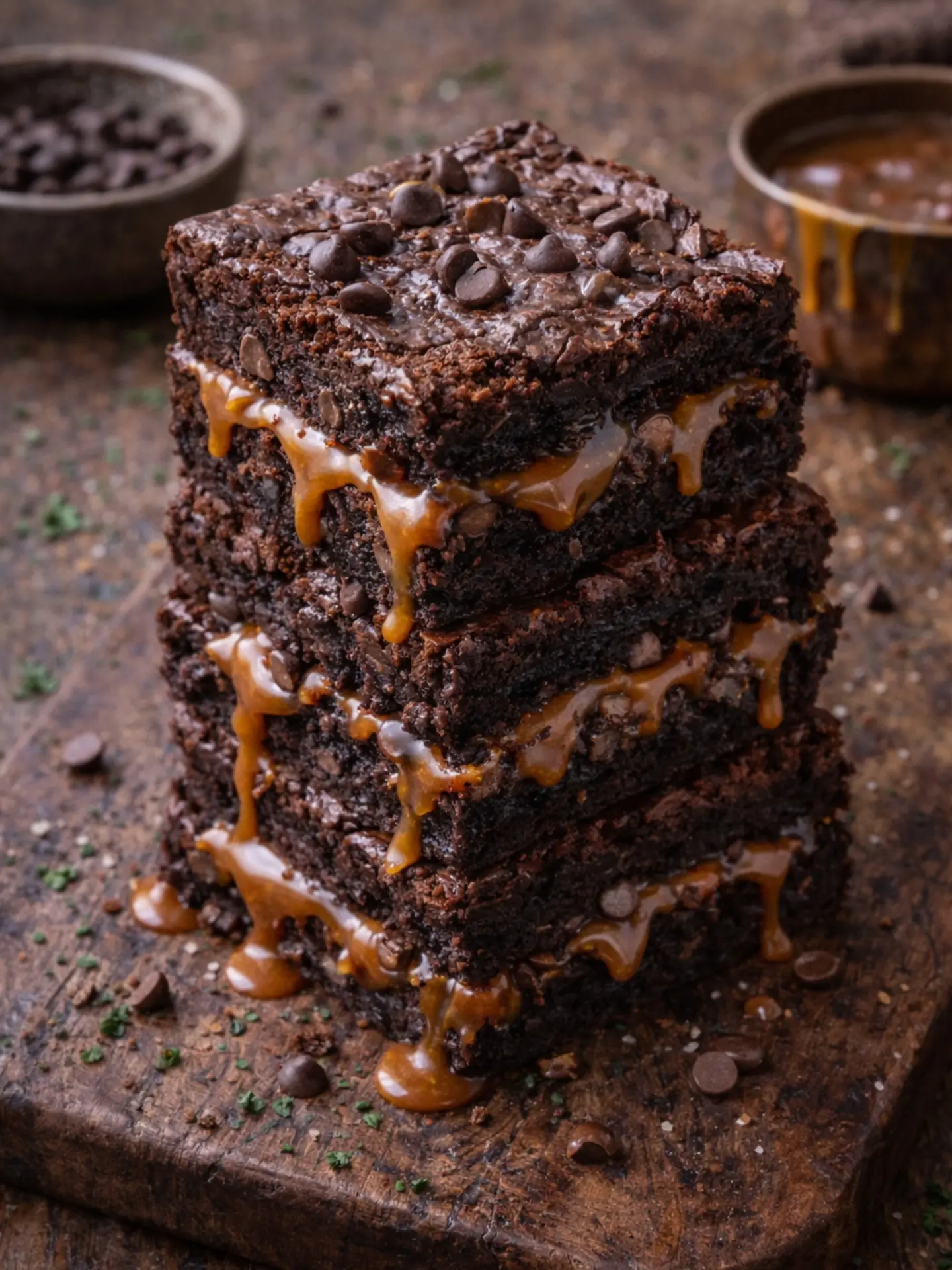 Salted Caramel Brownies – Shattered-Char Sponge with a High-Gloss Amber Mirror