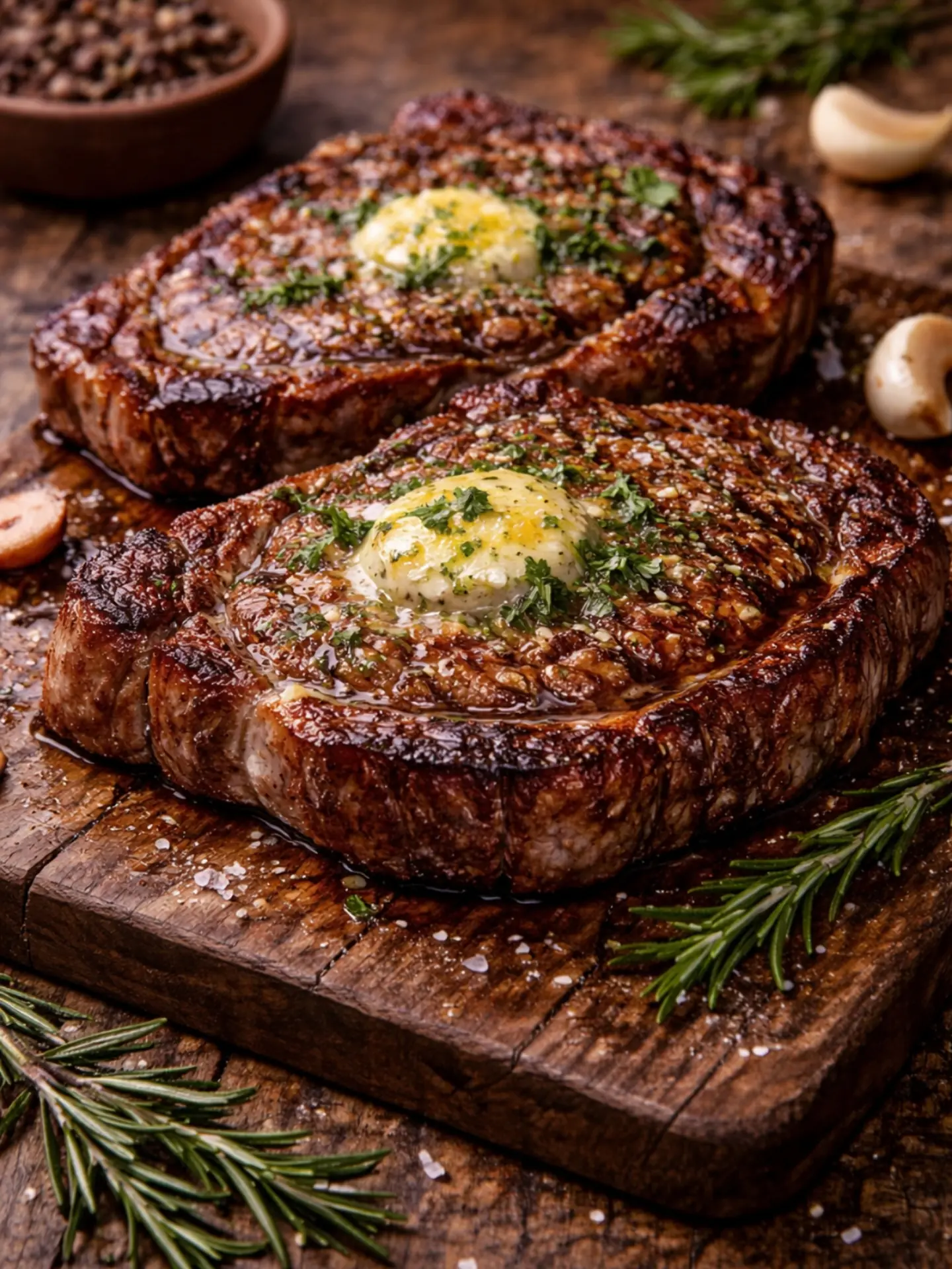 Garlic Butter Ribeye – Shattered-Char Crust with a High-Gloss Ebony Mirror
