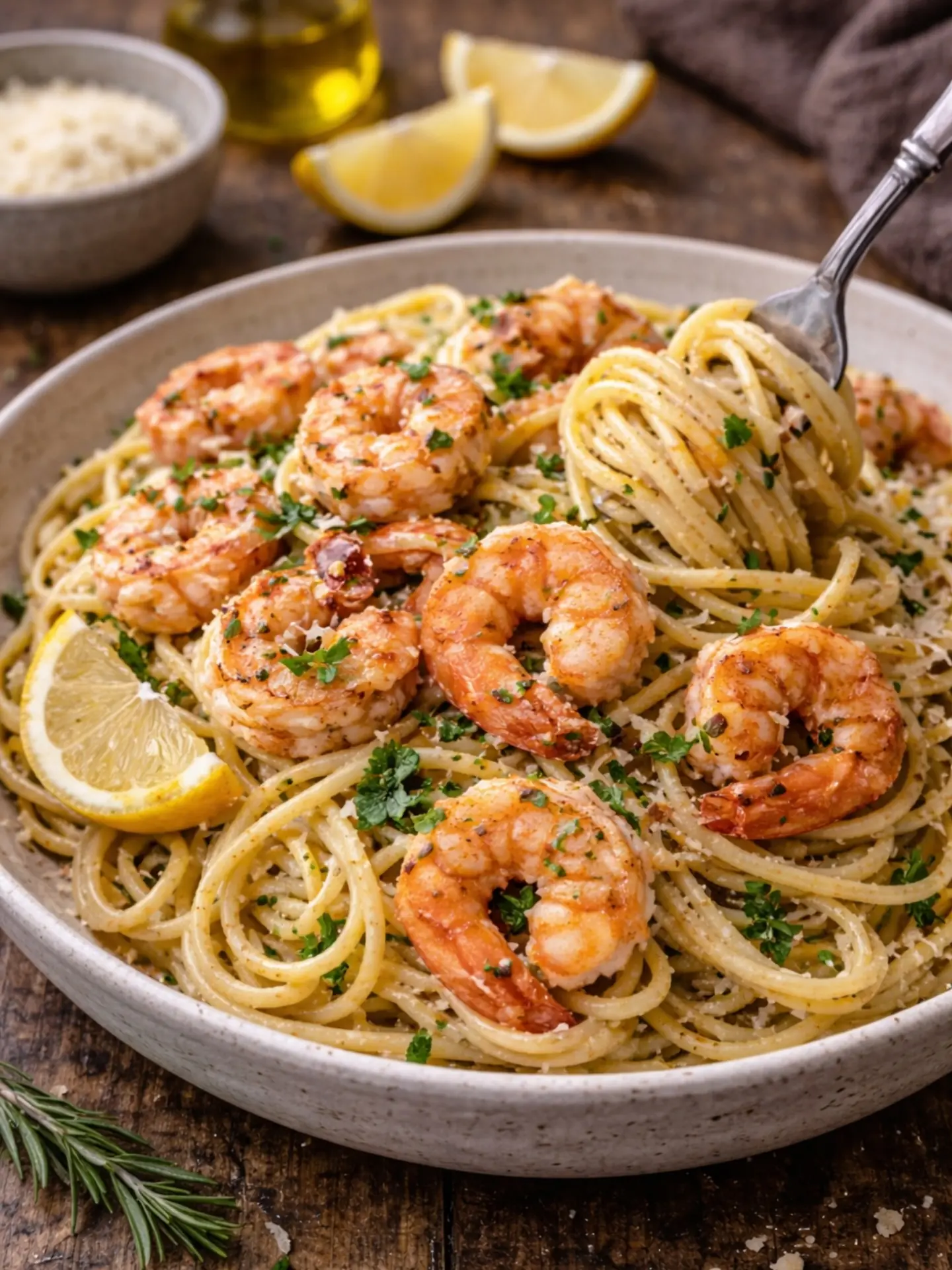 Lemon Garlic Shrimp Spaghetti – Shattered-Gold Crust with a High-Gloss Amber Mirror