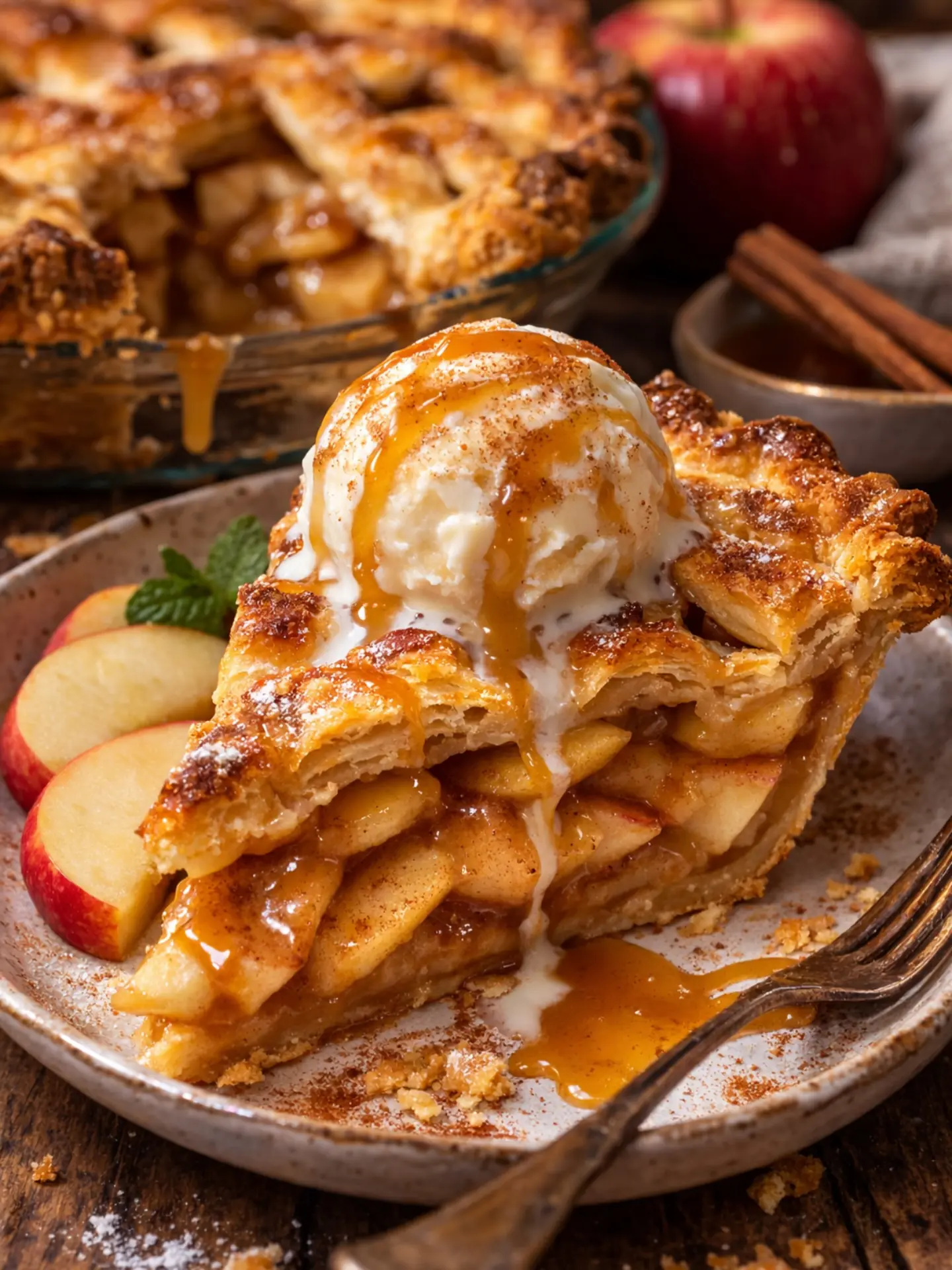 Salted Caramel Apple Pie – Shattered-Gold Crust with a High-Gloss Amber Mirror
