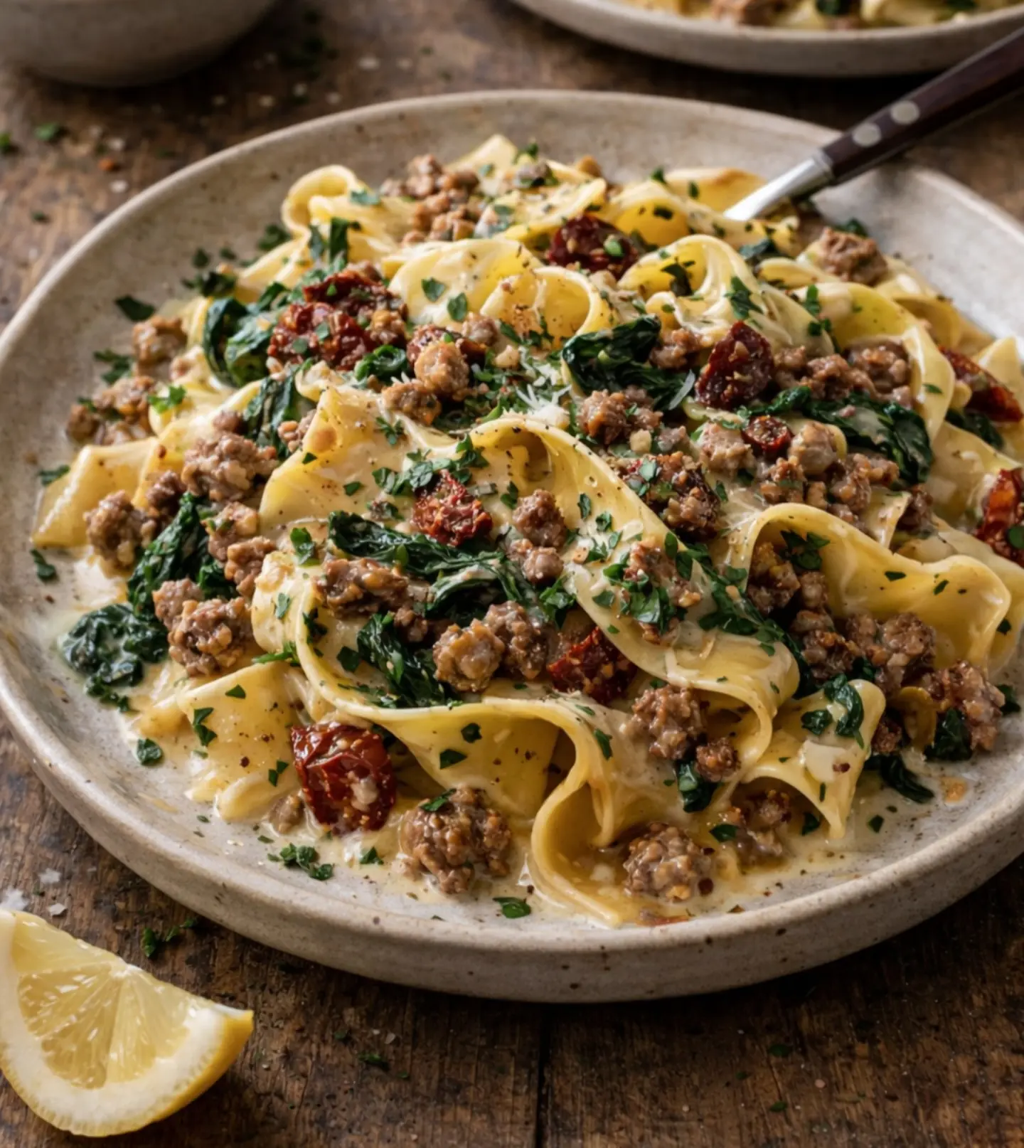 Tuscan Sausage Pappardelle – Shattered-Char Crust with a High-Gloss Amber Mirror