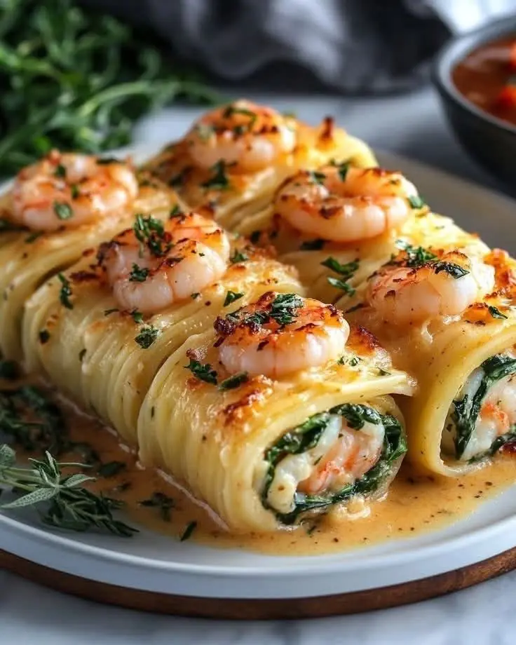🍤 Shrimp & Spinach Stuffed Pasta Rolls (Creamy Baked Cannelloni)
