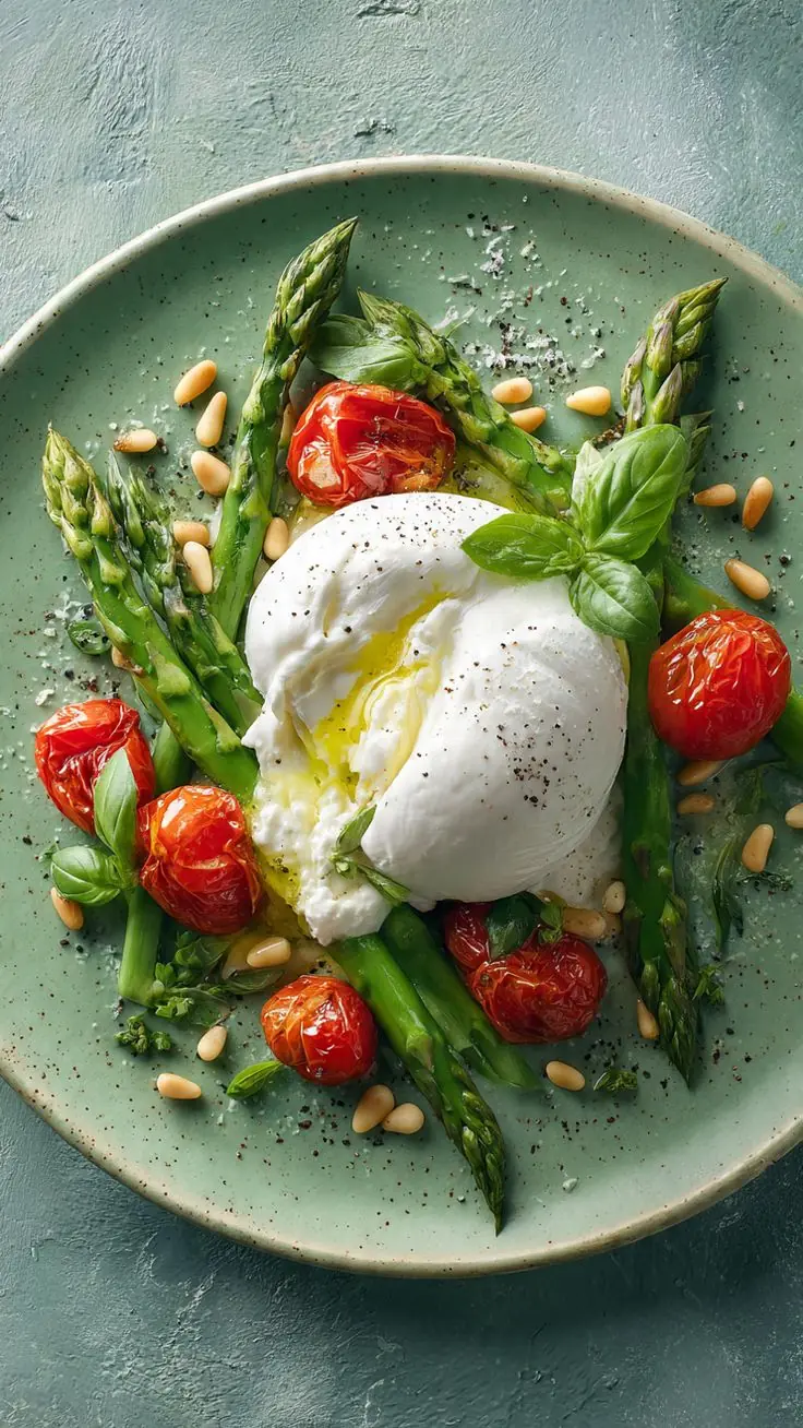 🧀 Burrata with Roasted Asparagus & Cherry Tomatoes