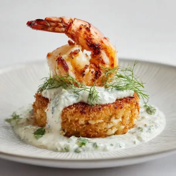 🍤 Crispy Seafood Cake with Grilled Shrimp & Herb Cream Sauce