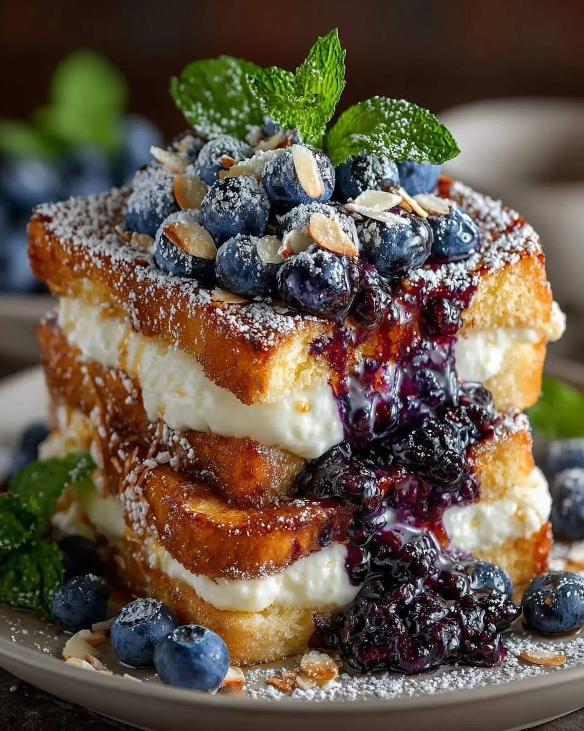 Blueberry Stuffed French Toast – Shattered-Gold Brioche with a High-Gloss Indigo Mirror