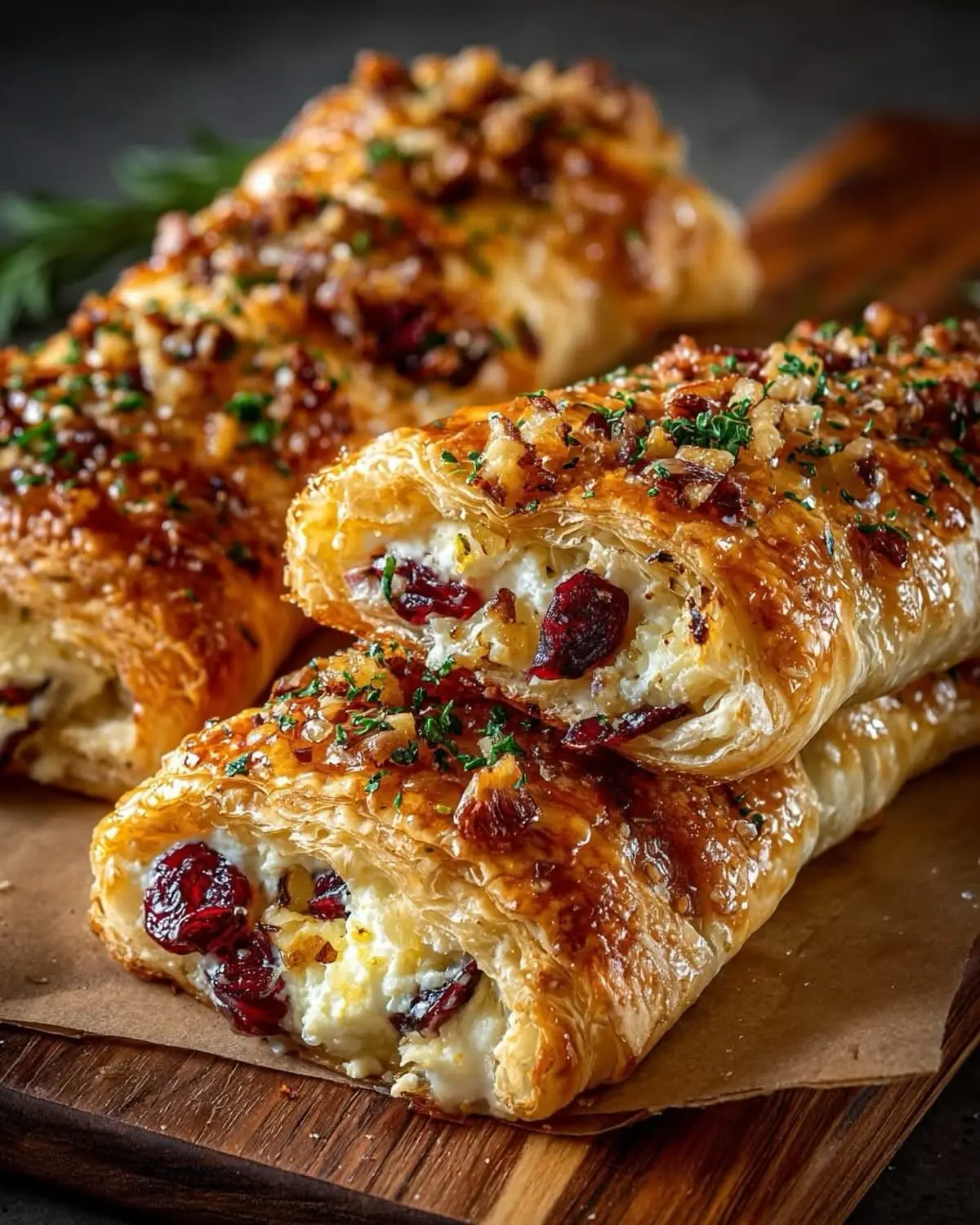 Cranberry Feta Twists – Shattered-Gold Pastry with a High-Gloss Amber Mirror