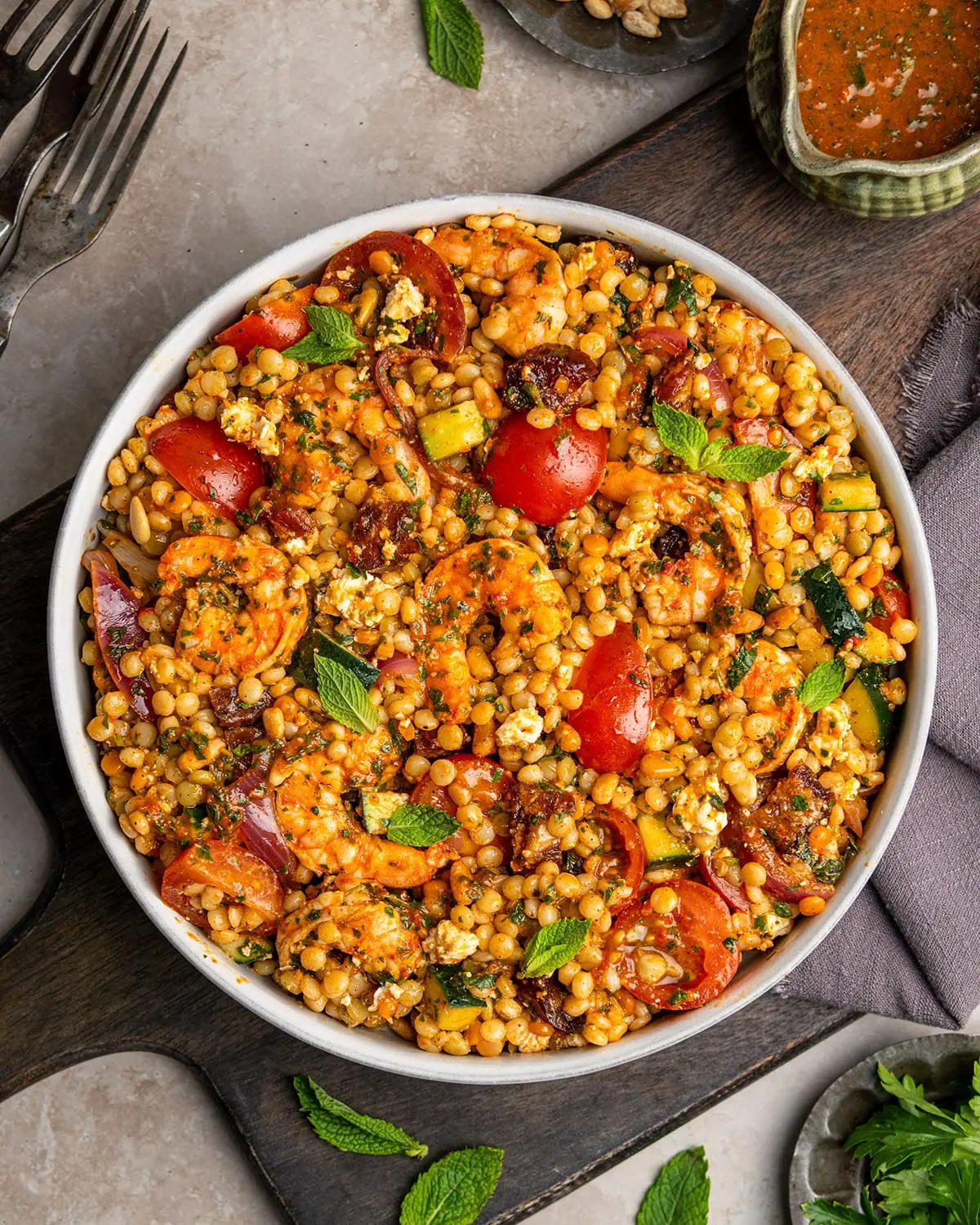 Mediterranean Shrimp Pasta – Shattered-Gold Pearl Couscous with a High-Gloss Ruby Mirror