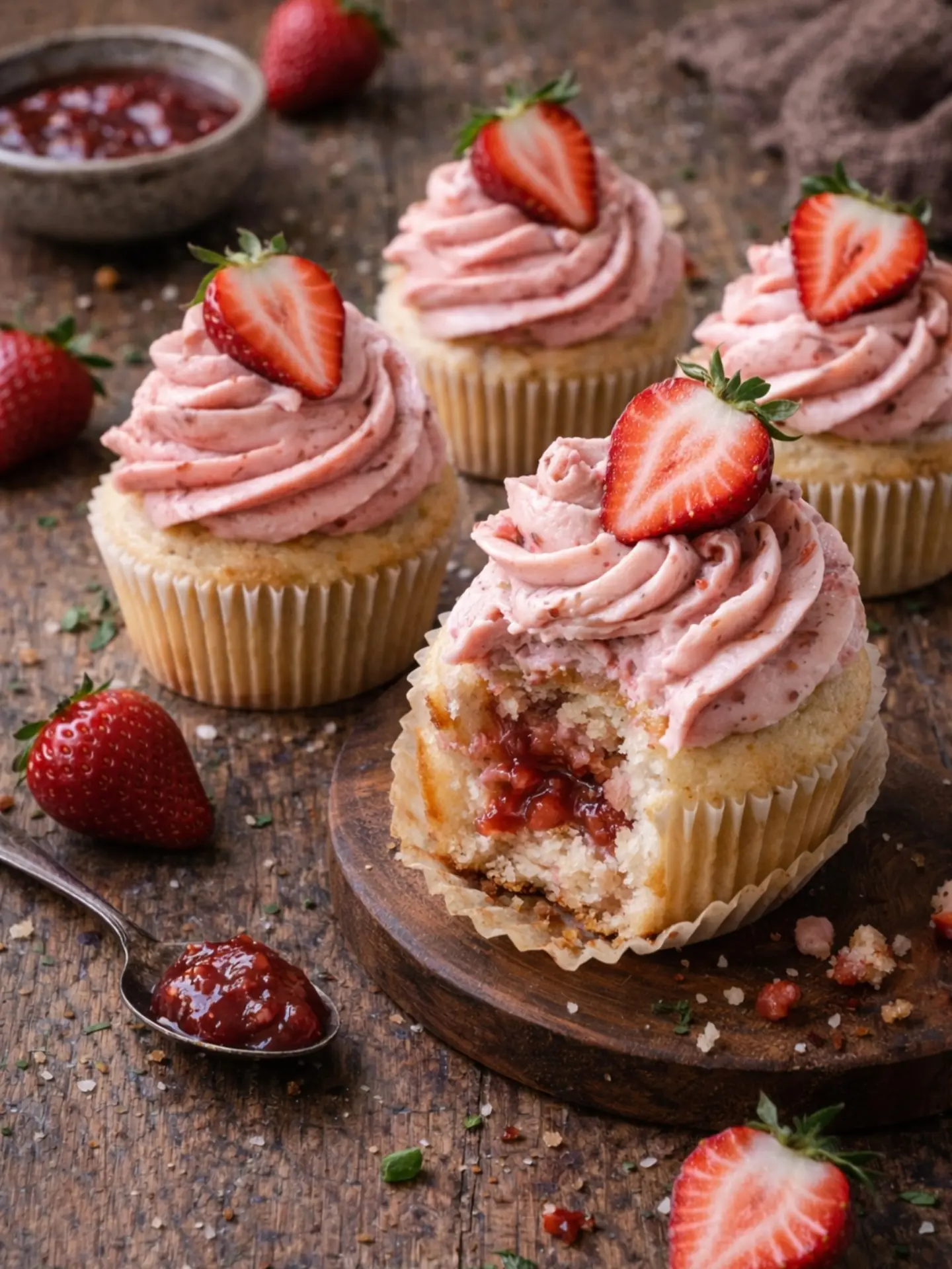 Strawberry Stuffed Vanilla Cupcakes – Shattered-Gold Sponge with a High-Gloss Ruby Mirror