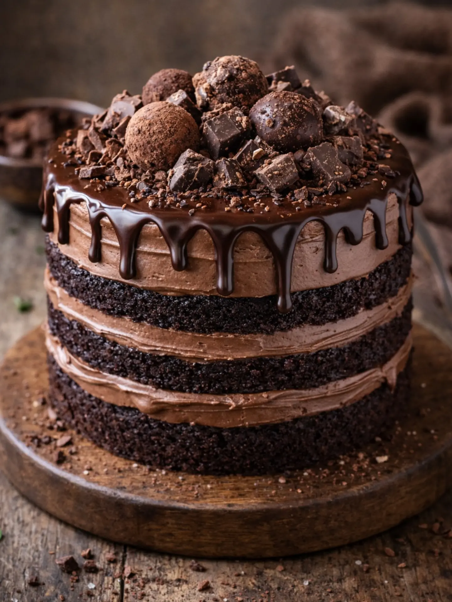 Triple Chocolate Truffle Cake – Shattered-Char Sponge with a High-Gloss Ebony Mirror