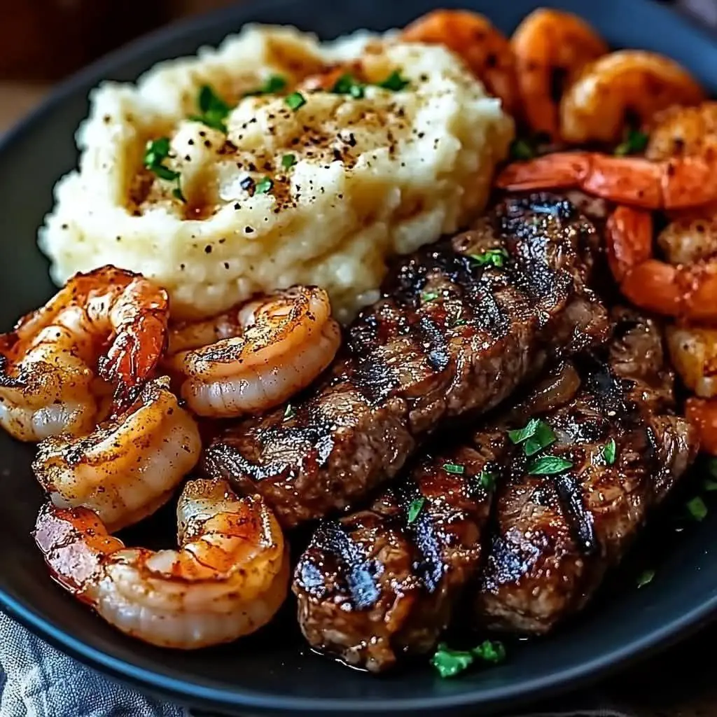 🥩🍤 Steak & Shrimp with Creamy Mashed Potatoes