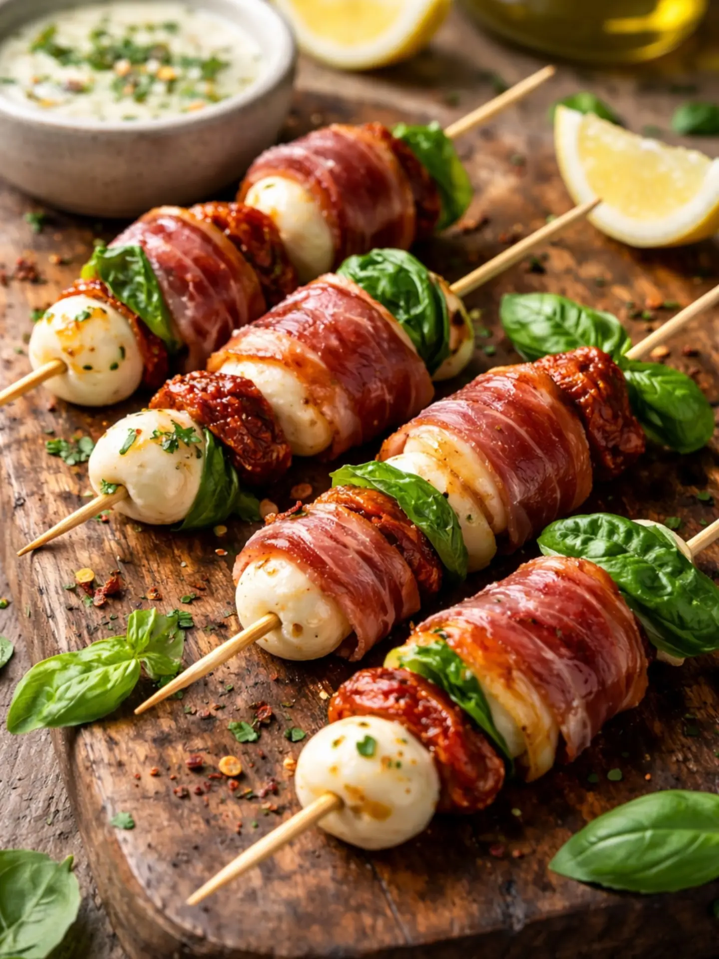 Prosciutto Caprese Skewers – Shattered-Gold Crust with a High-Gloss Amber Mirror