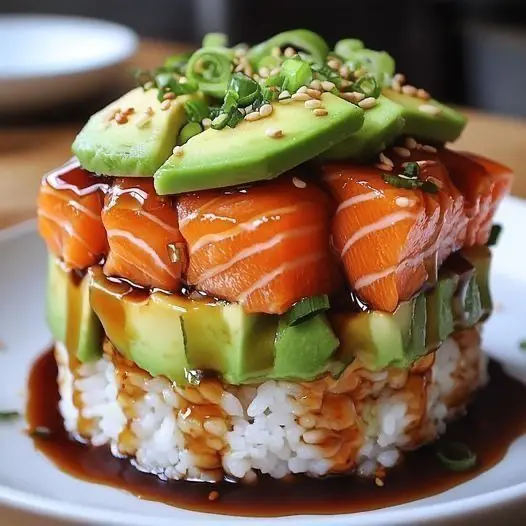 🍣🐟 Teriyaki Salmon Avocado Rice Stack