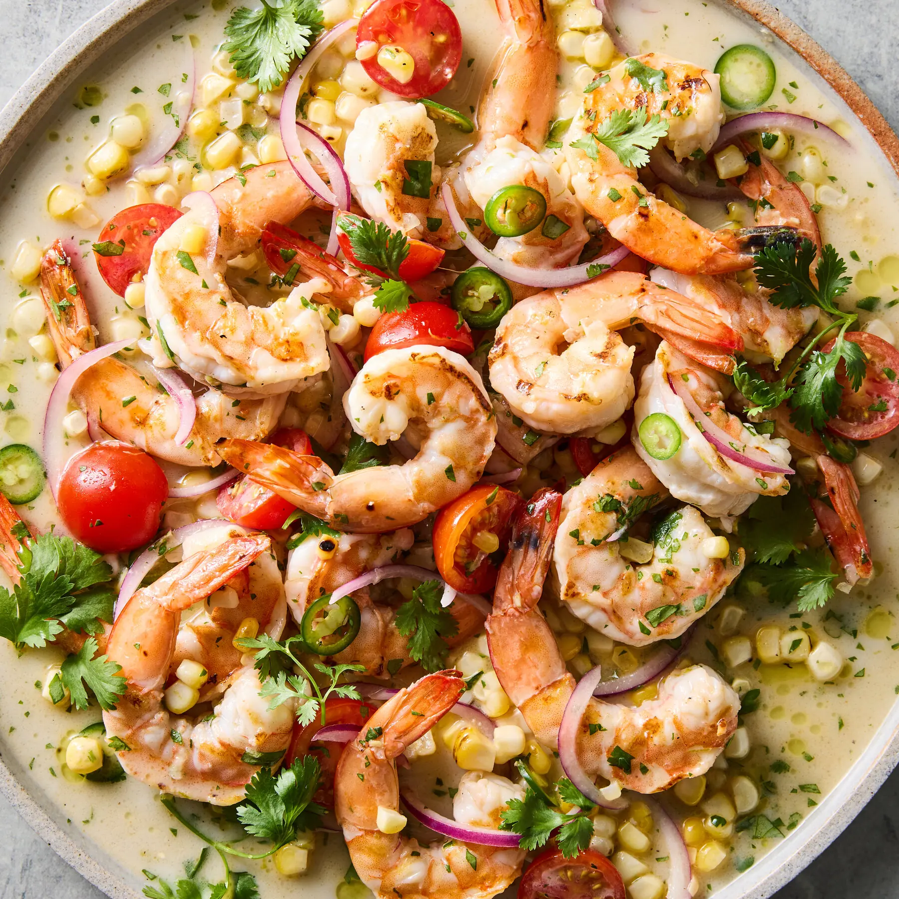 Grilled Shrimp Ceviche – Shattered-Gold Char with a High-Gloss Pearl Mirror