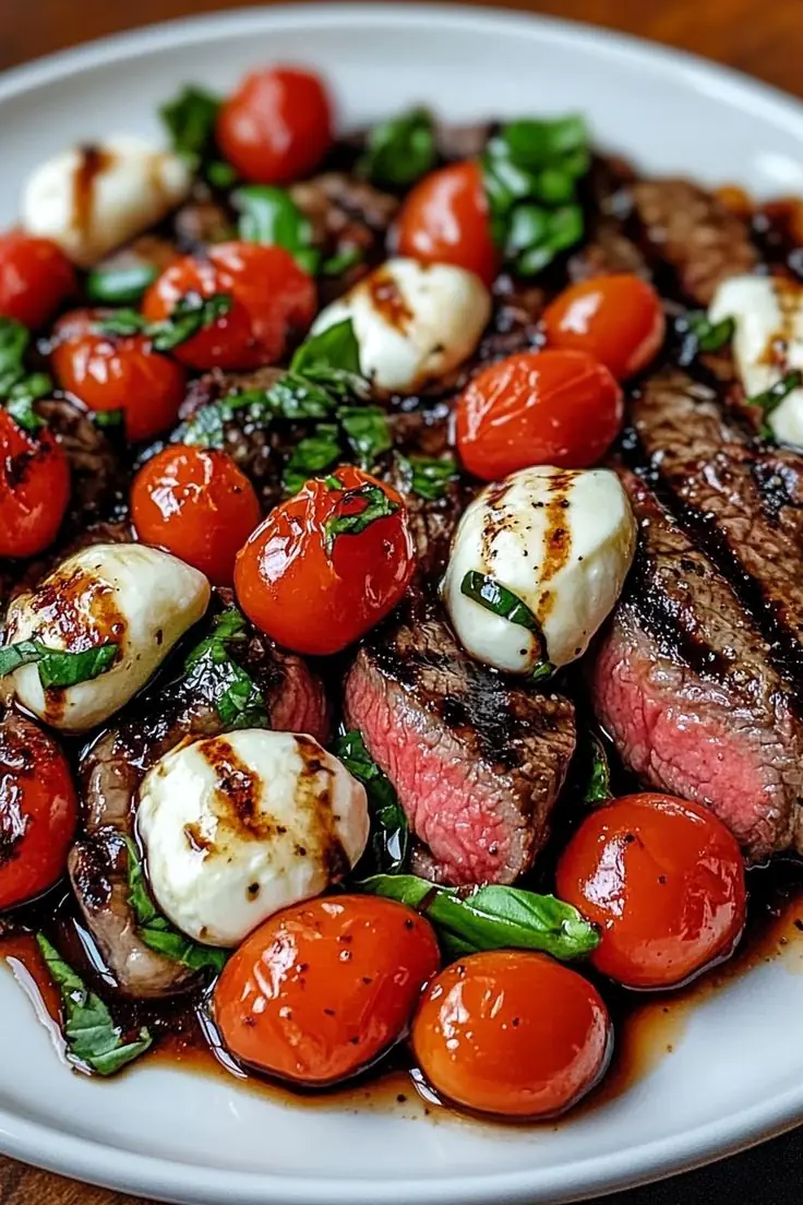 🥩🍅 Caprese-Style Steak with Cherry Tomatoes & Mozzarella