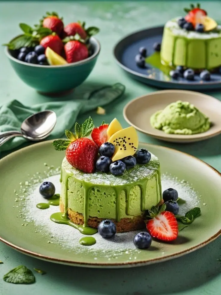 🍵🍫 Matcha Chocolate Lava Cake with Pistachios & Raspberries