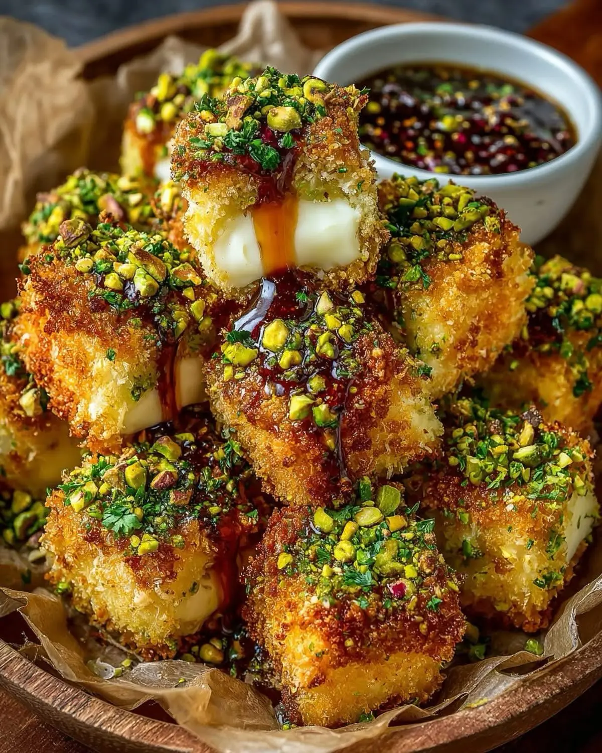 Pistachio Brie Bites – Shattered-Gold Crust with a High-Gloss Amber Mirror