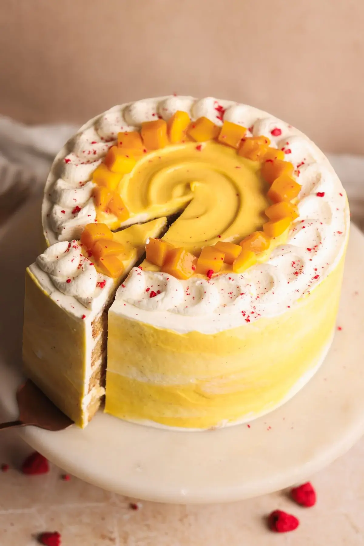Mango Lassi Cake – Shattered-Gold Crust with a High-Gloss Amber Mirror