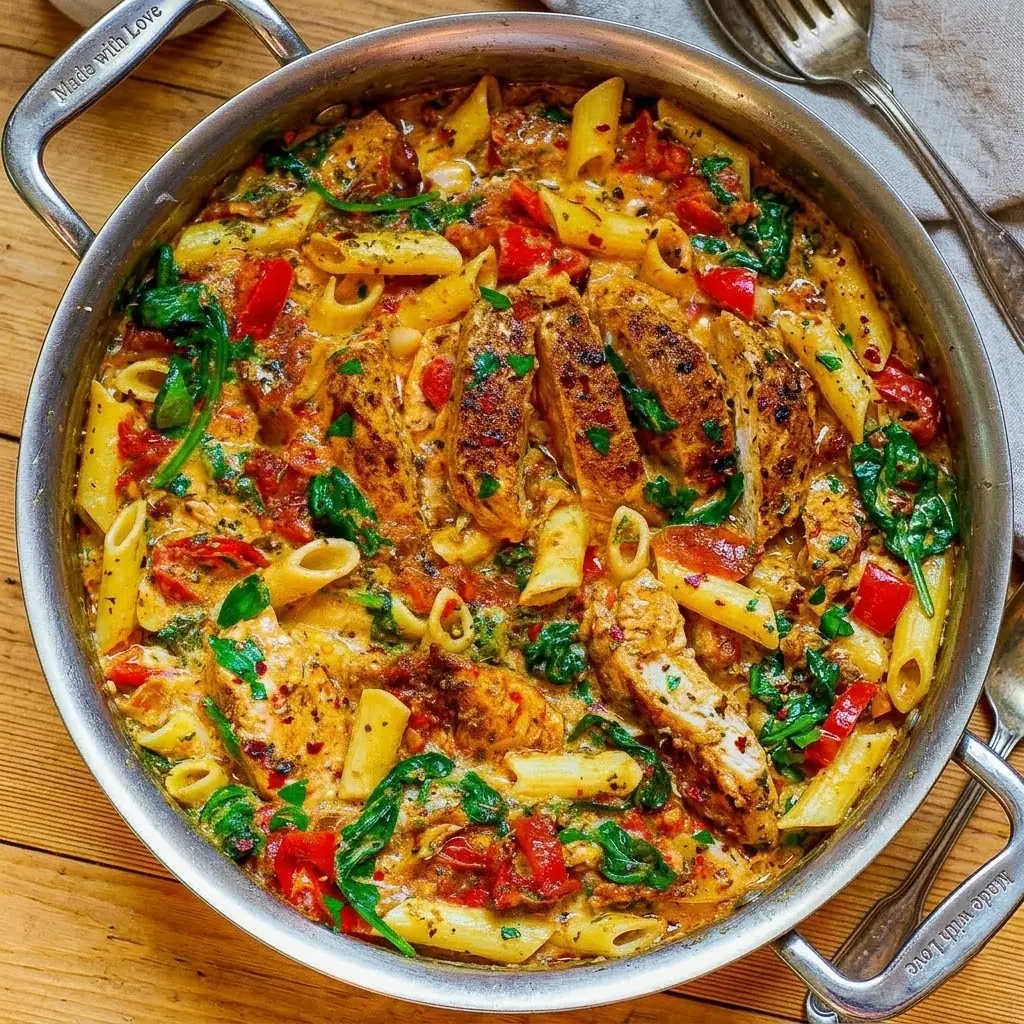 Chicken Penne with Bacon and Spinach – Shattered-Gold Sear with a High-Gloss Ruby Mirror