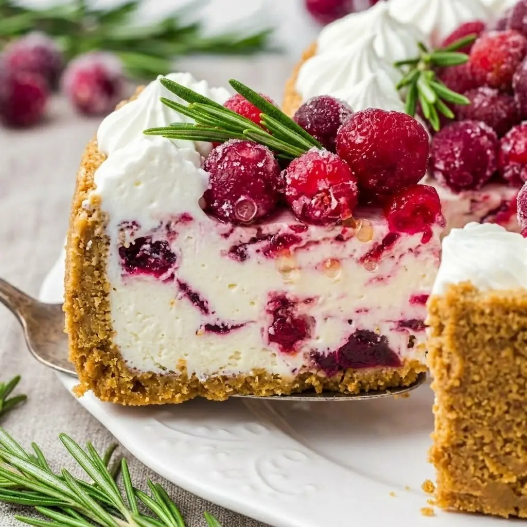 No-Bake Cranberry Cheesecake – Shattered-Gold Crust with a High-Gloss Ruby Mirror