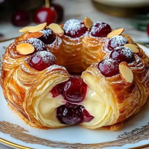 🍒🥐 Cherry Custard Puff Pastry Ring (Bakery-Style Dessert)