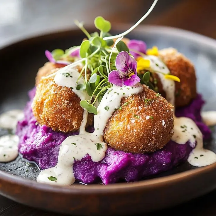 Crispy Cheese Croquettes with Purple Sweet Potato Mash & Cream Sauce