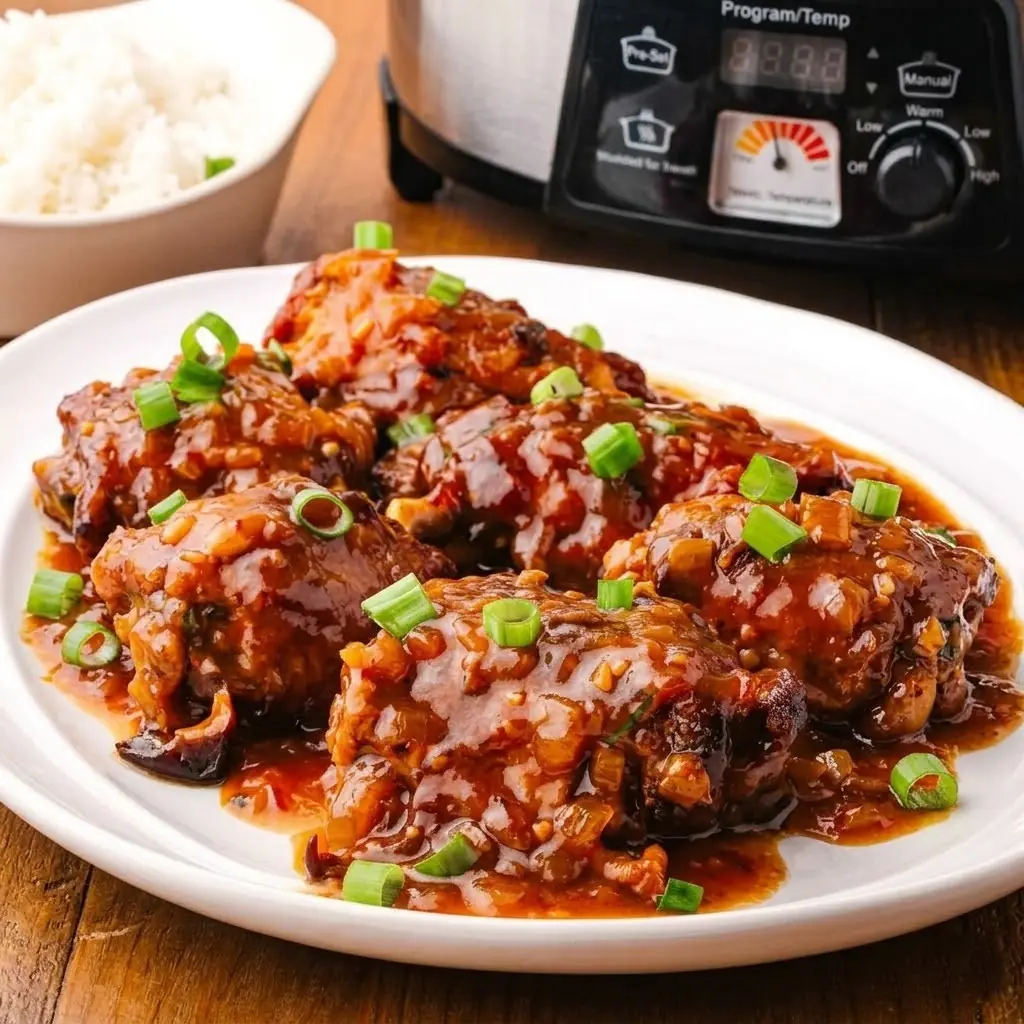 Slow Cooker Chicken Thighs – Shattered-Gold Crust with a High-Gloss Amber Mirror