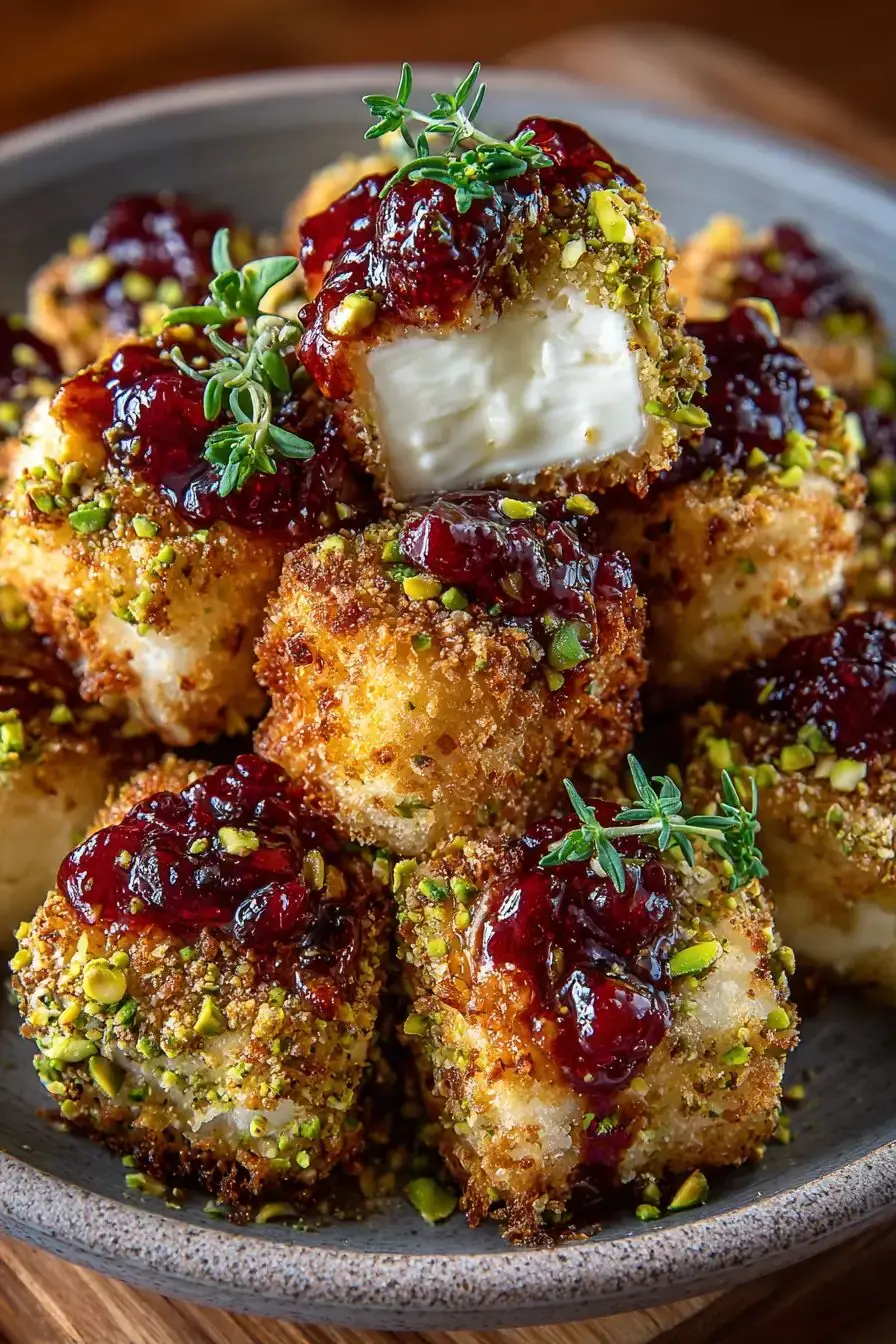 🧀🔥 Crispy Fried Cheese Bites with Berry Sauce & Pistachios