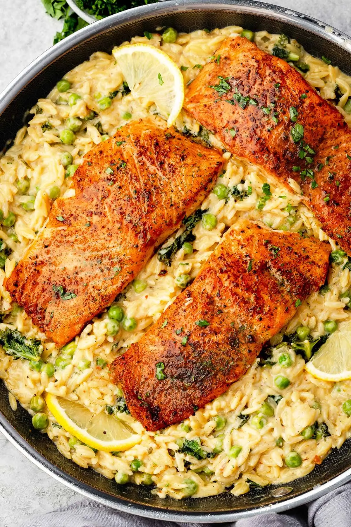 One-Pot Salmon & Creamy Orzo – Shattered-Gold Sear with a High-Gloss Pearl Mirror