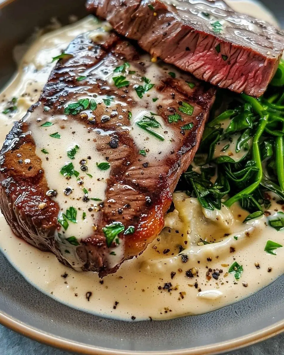 🥩✨ Steak with Creamy Peppercorn Sauce & Sautéed Greens
