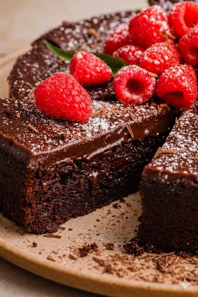 Flourless Chocolate Cake – Shattered-Gold Crust with a High-Gloss Ebony Mirror