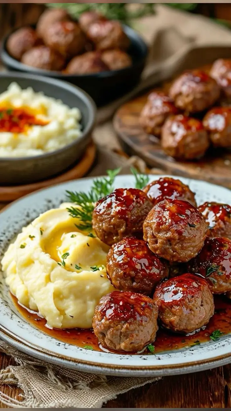 🍖 Glazed Meatballs with Creamy Mashed Potatoes