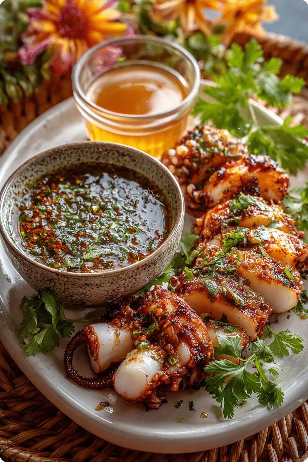 🦑🔥 Grilled Squid with Spicy Herb Dipping Sauce