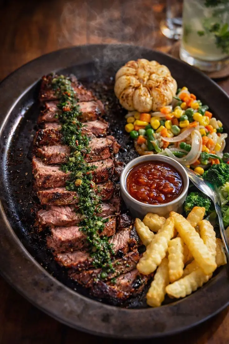 🥩🔥 Grilled Steak with Chimichurri, Fries & Garlic Vegetables