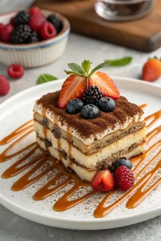 🍰☕ Classic Tiramisu with Berries & Caramel Drizzle