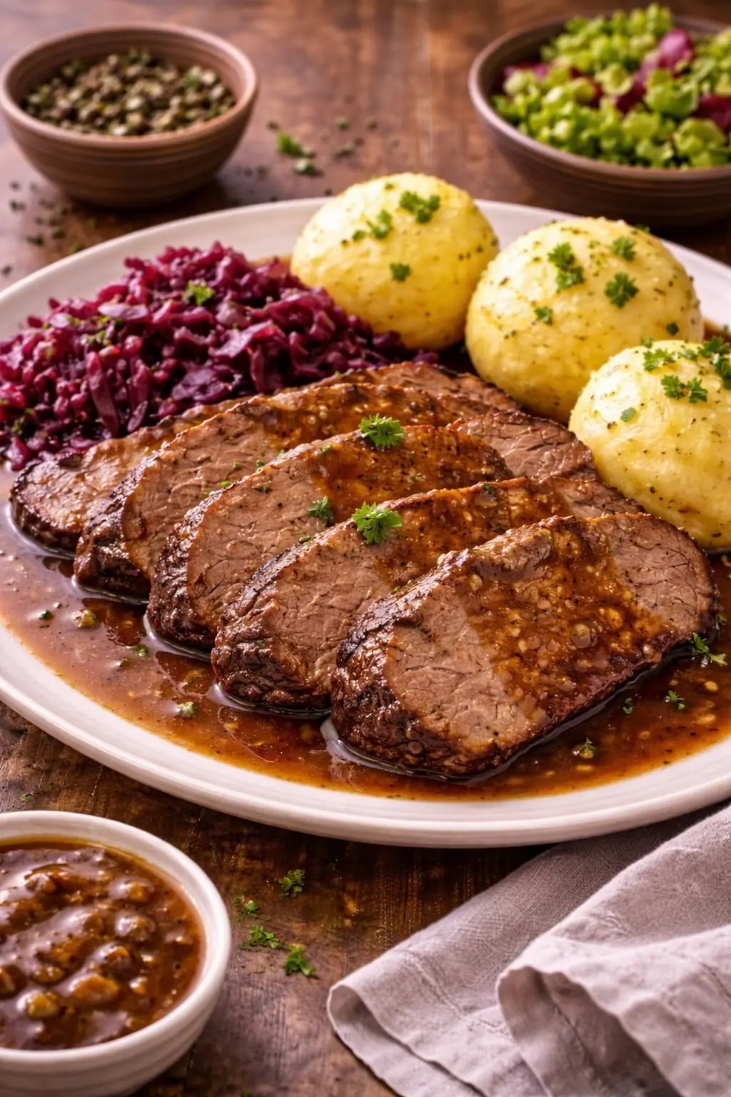 🥩 German-Style Roast Beef with Potato Dumplings & Red Cabbage