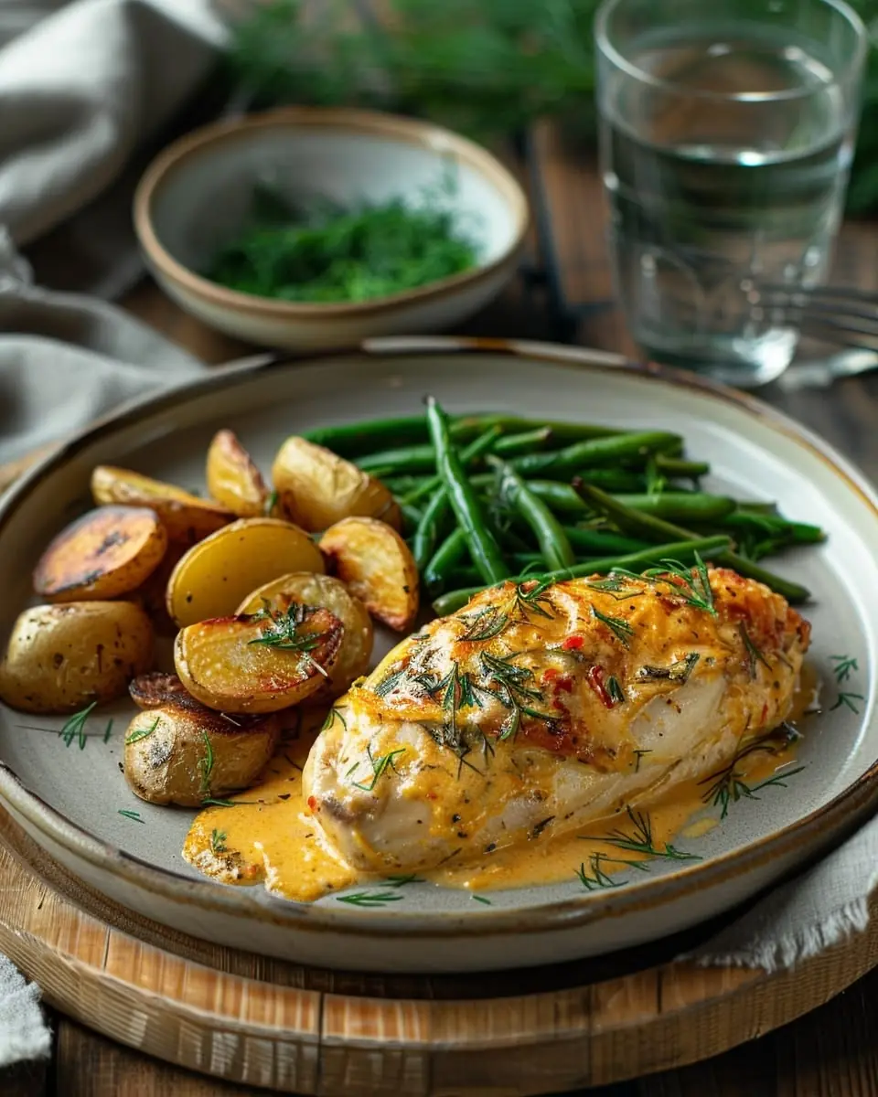 🍗 Creamy Herb Chicken with Roasted Potatoes & Green Beans