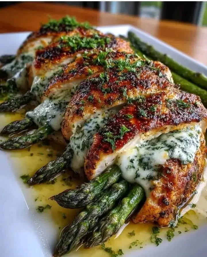🧀🔥 Spinach & Cheese Stuffed Chicken with Asparagus