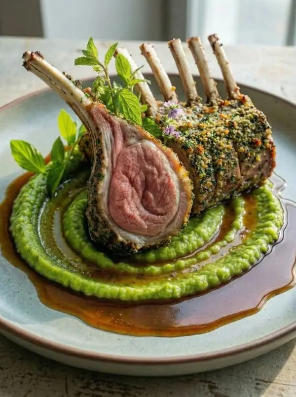 🍖 Herb-Crusted Rack of Lamb with Pea Purée