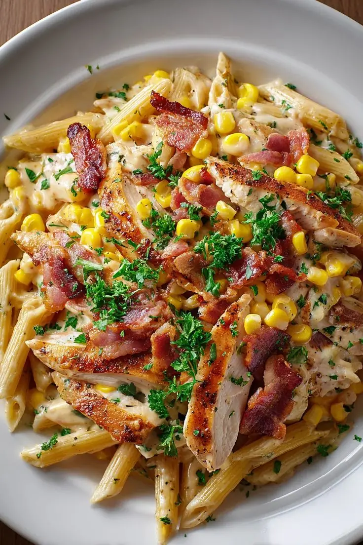🍝 Creamy Chicken Bacon Corn Pasta