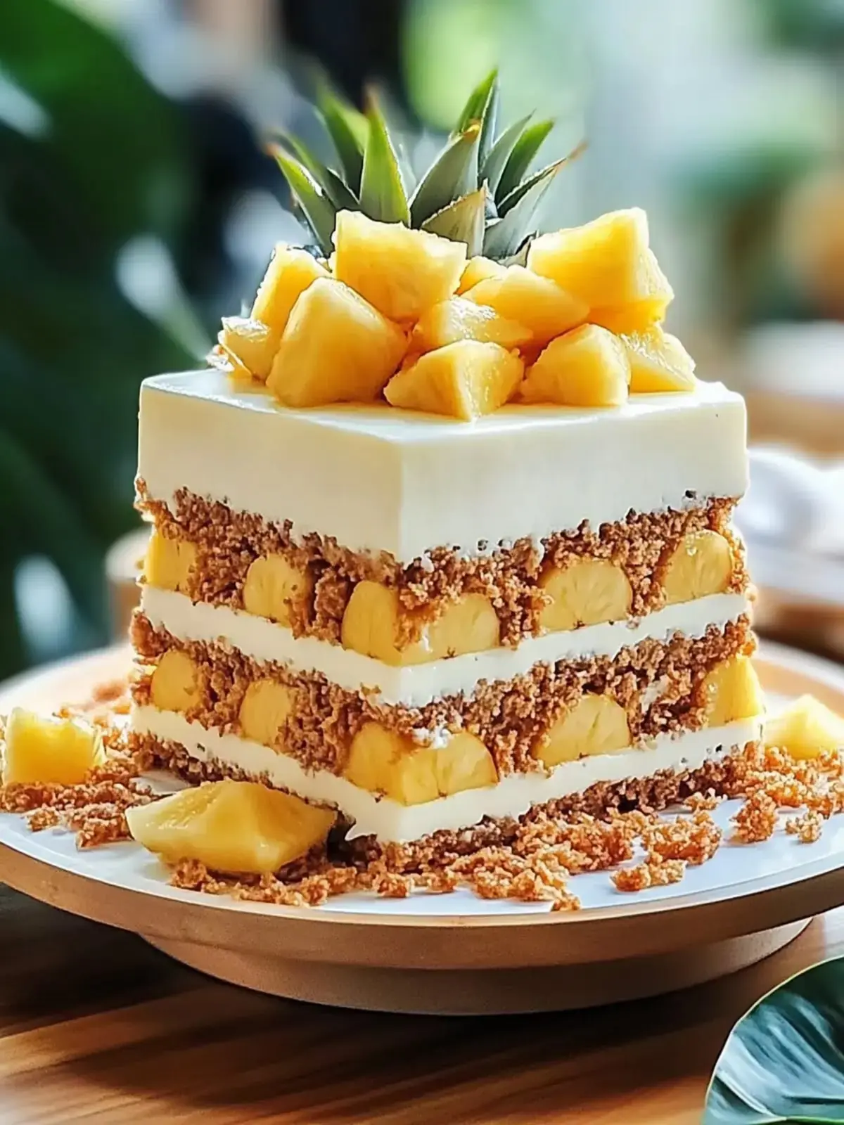 🍍 Pineapple Cream Crumble Cake (No-Bake, Clean Layers, Tropical Vibes)
