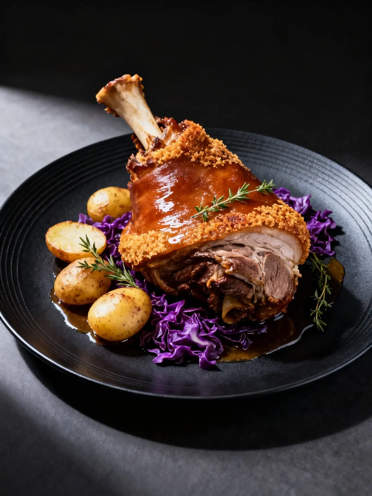 🍖🔥 Crispy Pork Knuckle (Schweinshaxe Style) with Baby Potatoes & Braised Red Cabbage
