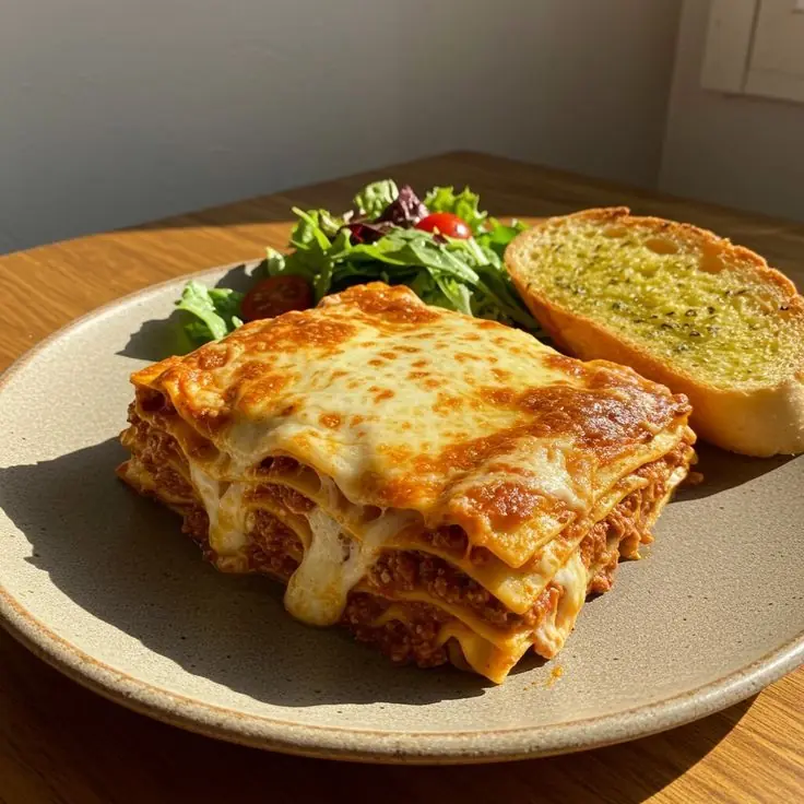 🍝🧀 Classic Beef Lasagna with Garlic Bread & Fresh Salad
