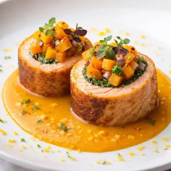 🍣✨ Seared Salmon Roulade with Mango Salsa & Citrus Butter Sauce