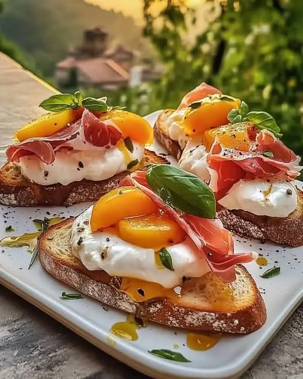 🍑✨ Peach & Prosciutto Burrata Toast (Summer Vibes on Bread)